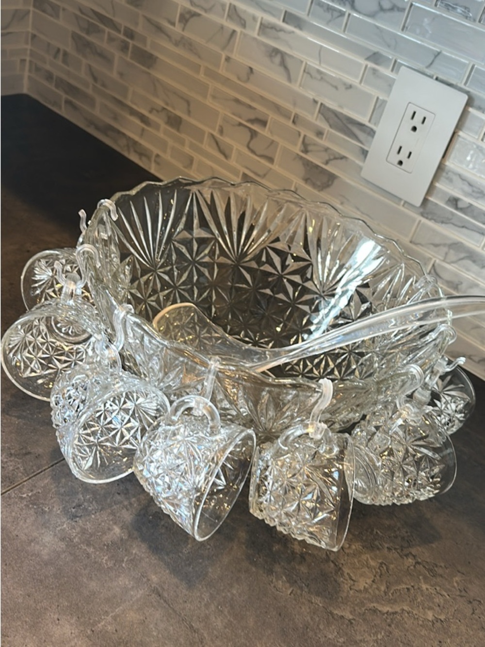 Vintage Clear Pressed Glass Punch Bowl Set